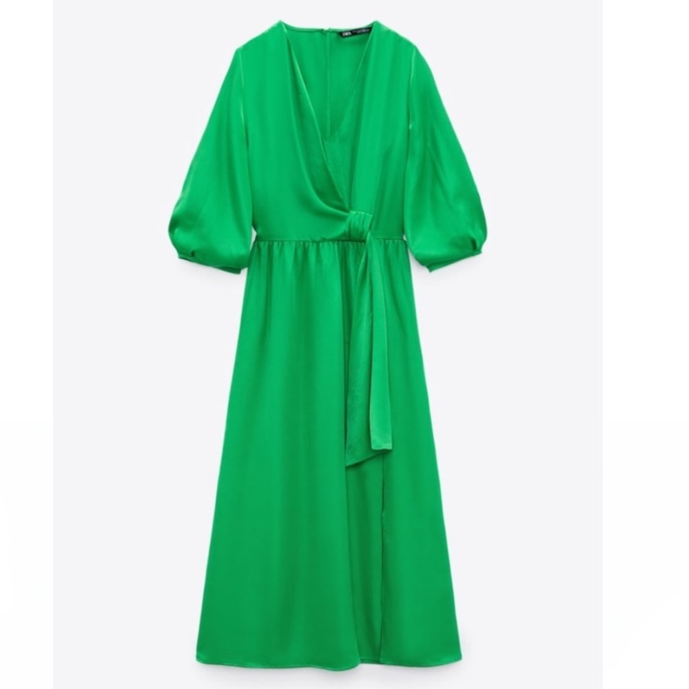 ZARA GREEN KNOTTED SATIN EFFECT DRESS Size S